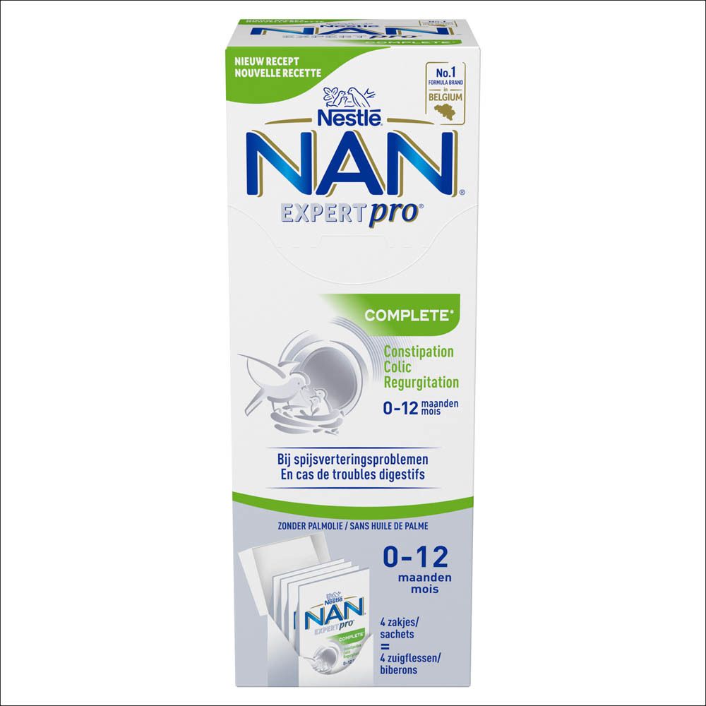 Emballage Nestlé NAN Expert Pro Complete 0-12M. Inscription: Complete, 0-12 mois, en cas de troubles digestifs. Contient 4 sachets.