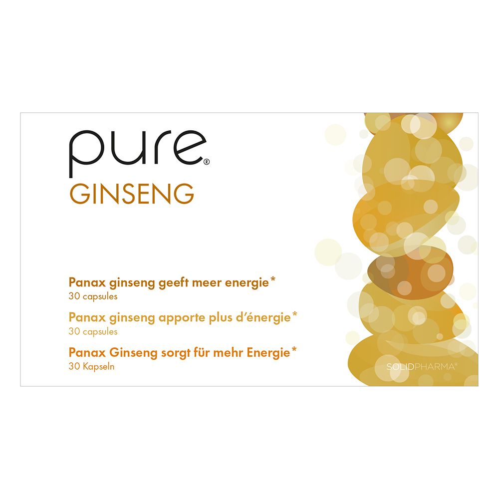 Deux boîtes "pure GINSENG". Flèches avec texte: énergie, efficacité, effet rapide, extrait à haute dose.