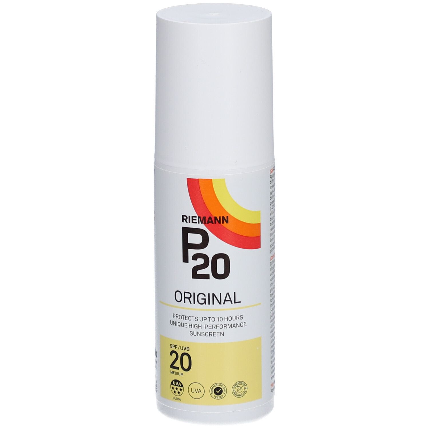 Flacon blanc P20 Original SPF20. Inscription: protège jusqu'à 10 heures. Indication SPF 20 jaune. Bande colorée.