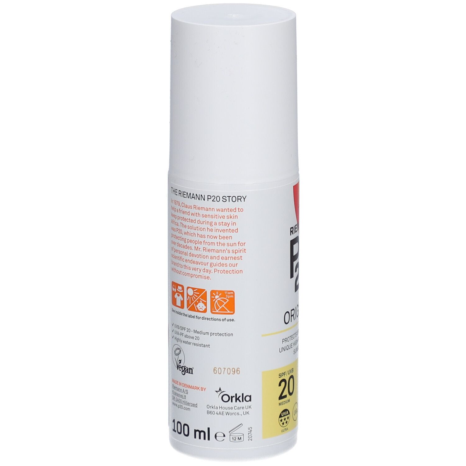 Flacon blanc P20 Original SPF20. Dos avec texte et symboles. Logo végan. 100 ml.