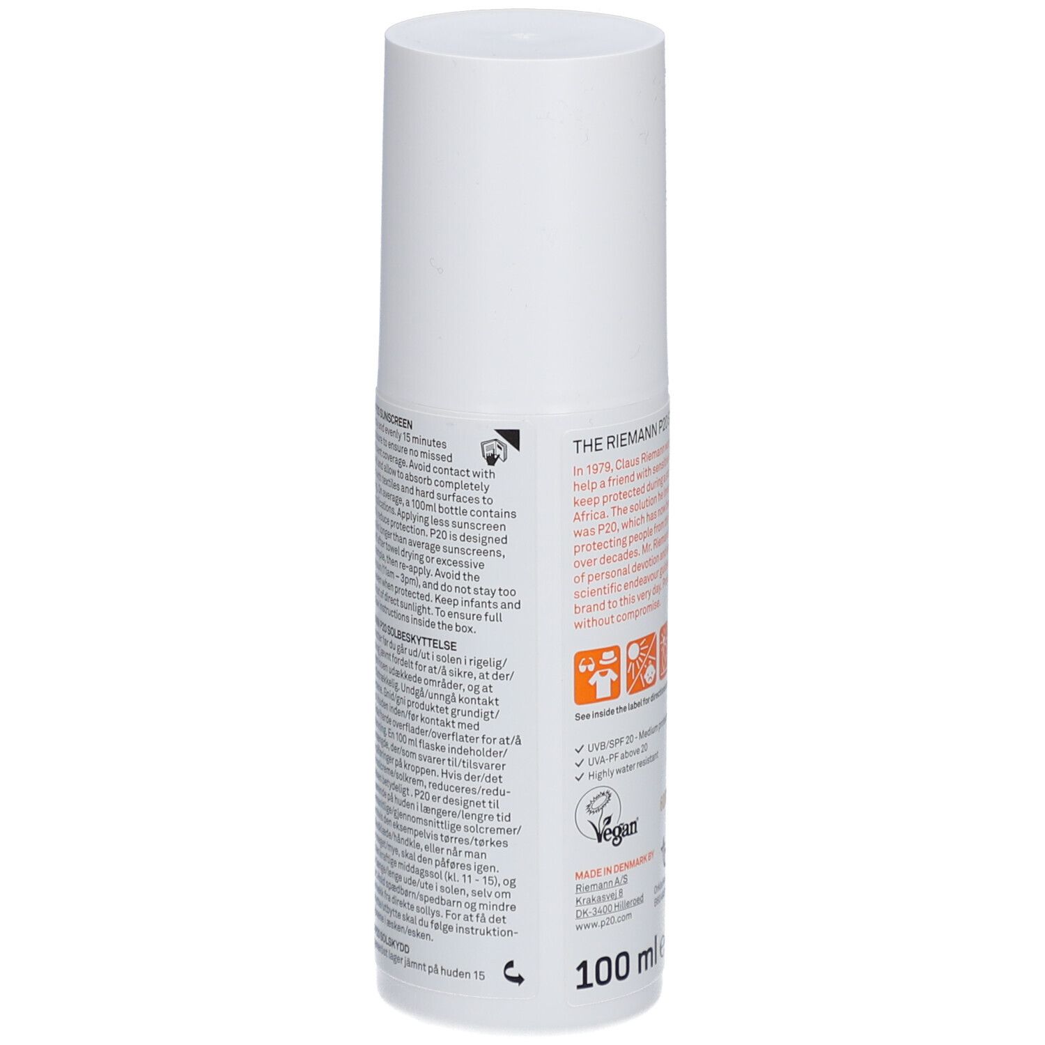 Flacon blanc P20 Original SPF20. Dos avec texte et symboles. Logo végan. 100 ml.