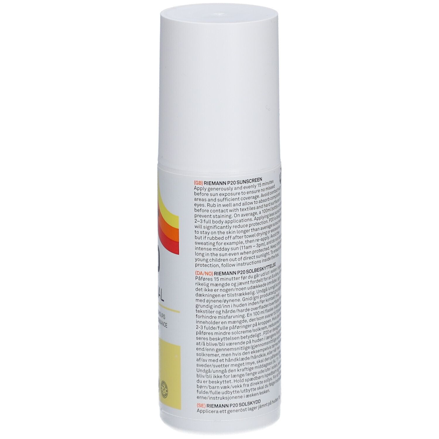 Flacon blanc P20 Original SPF20. Dos avec texte en plusieurs langues. 100 ml.