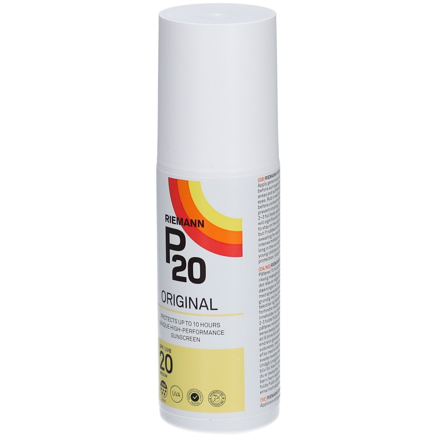 Flacon blanc P20 Original SPF20. Inscription: protège jusqu'à 10 heures. Indication SPF 20 jaune. Bande colorée.
