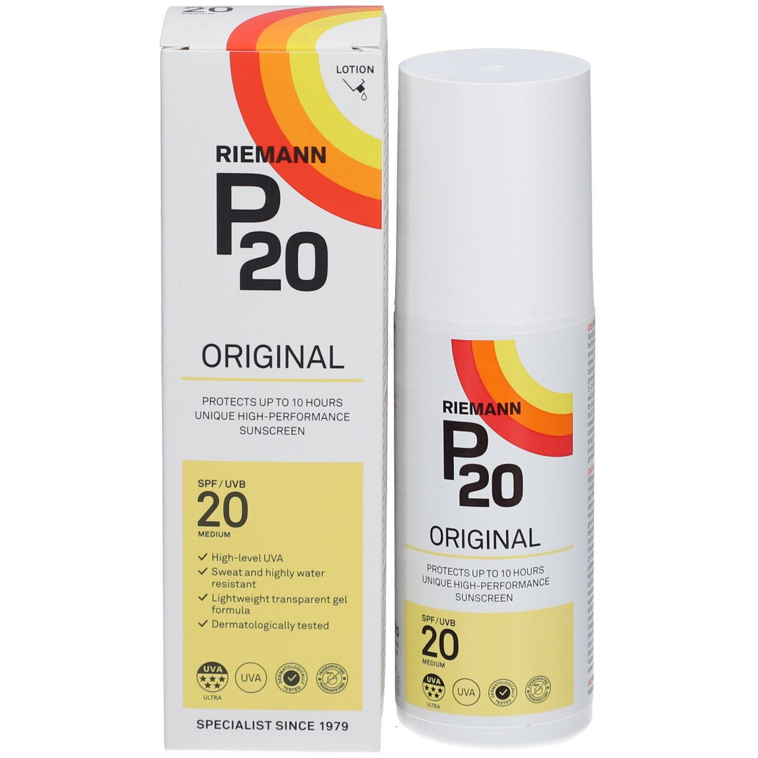 Flacon et emballage P20 Original SPF20. Inscription: protège jusqu'à 10 heures. Indication SPF 20 jaune. Bande colorée.