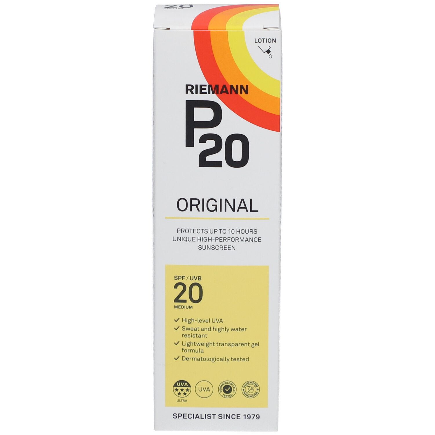 Emballage P20 Original SPF20. Inscription: protège jusqu'à 10 heures. Indication SPF 20 jaune. Bande colorée.