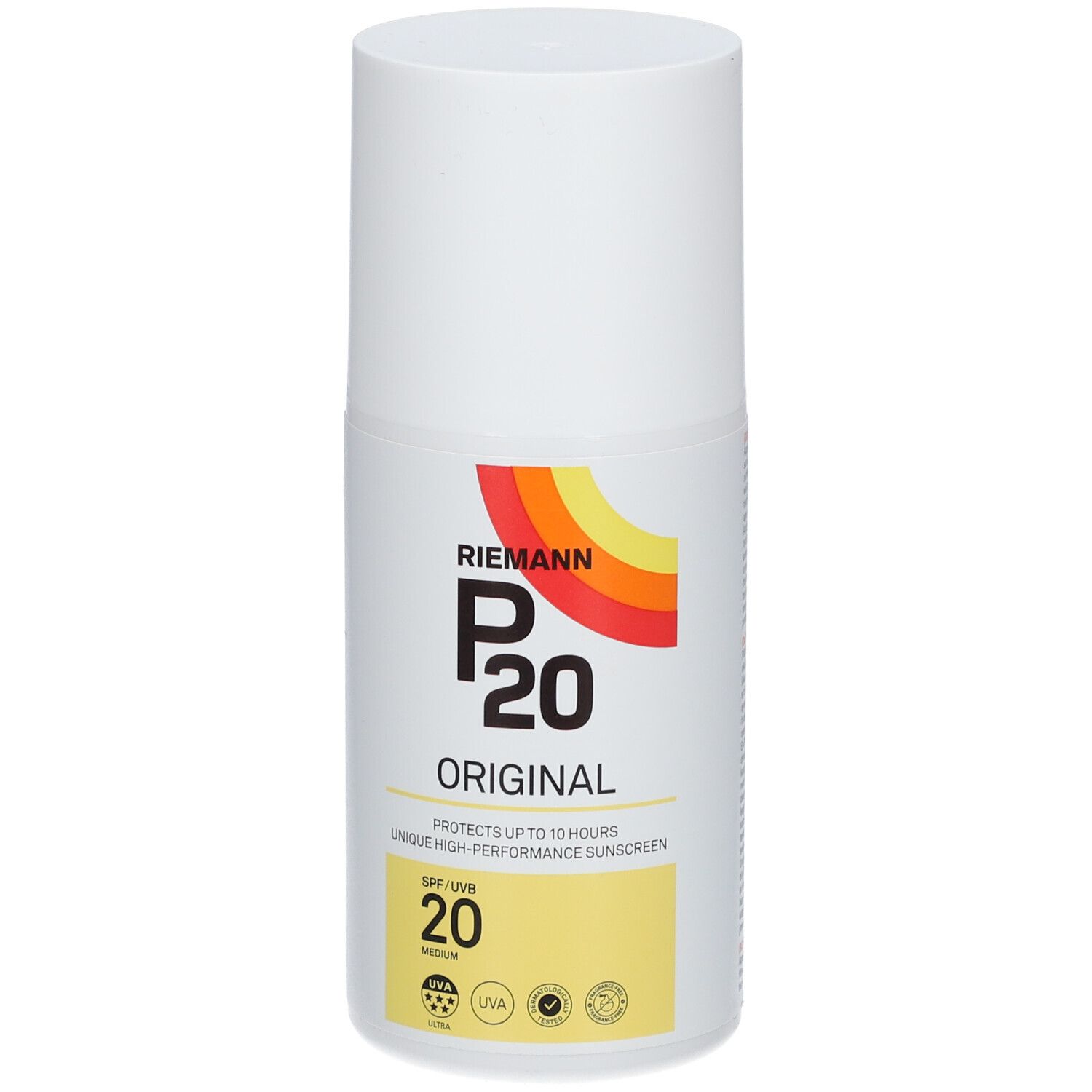 Flacon blanc RIEMANN P20 Original SPF20. Zone jaune avec SPF 20. Logo coloré.