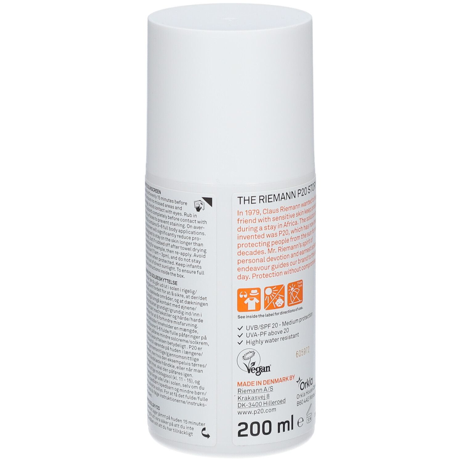 Dos du flacon blanc RIEMANN P20. Texte, logos et 200 ml.