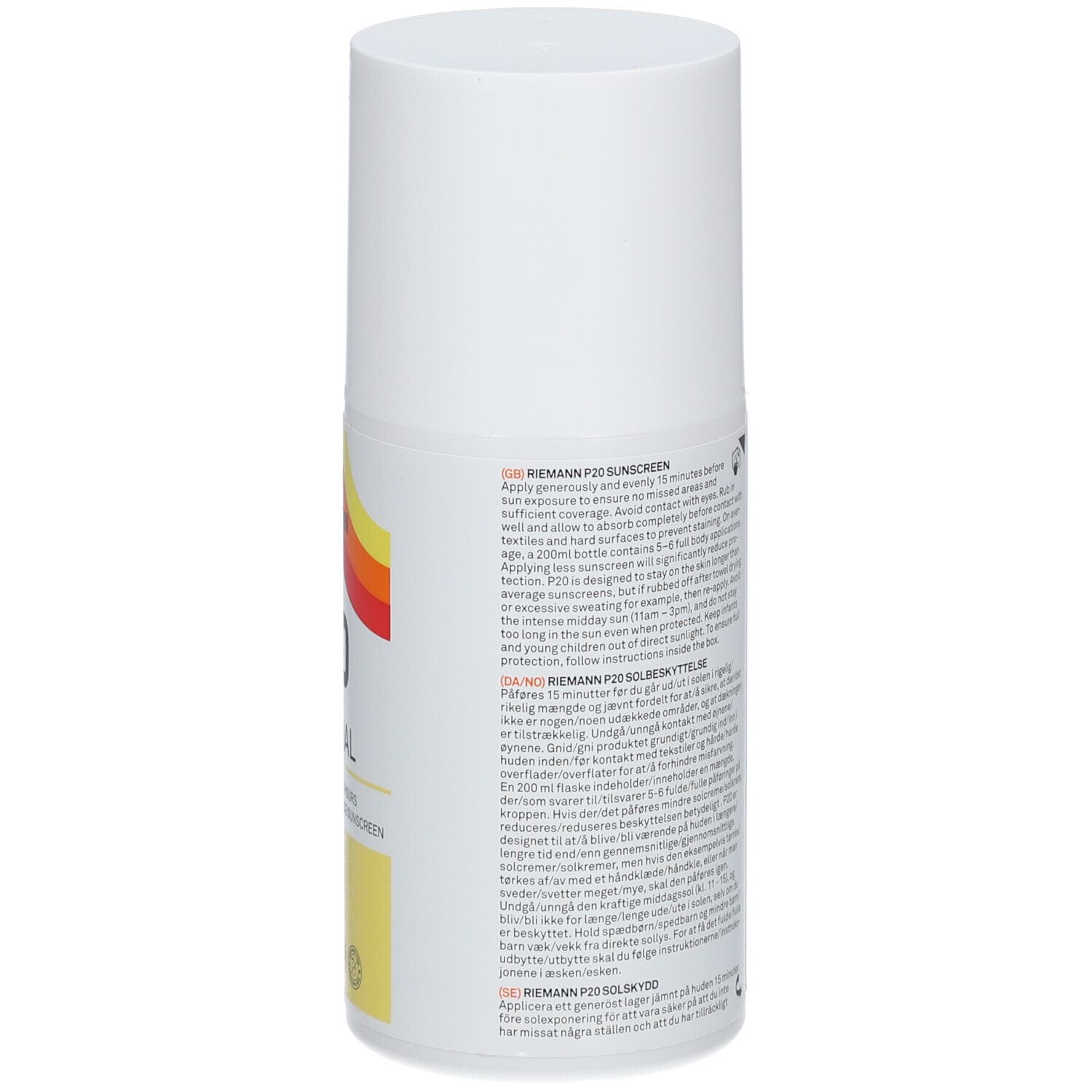 Dos du flacon blanc RIEMANN P20. Texte, logos et 200 ml.