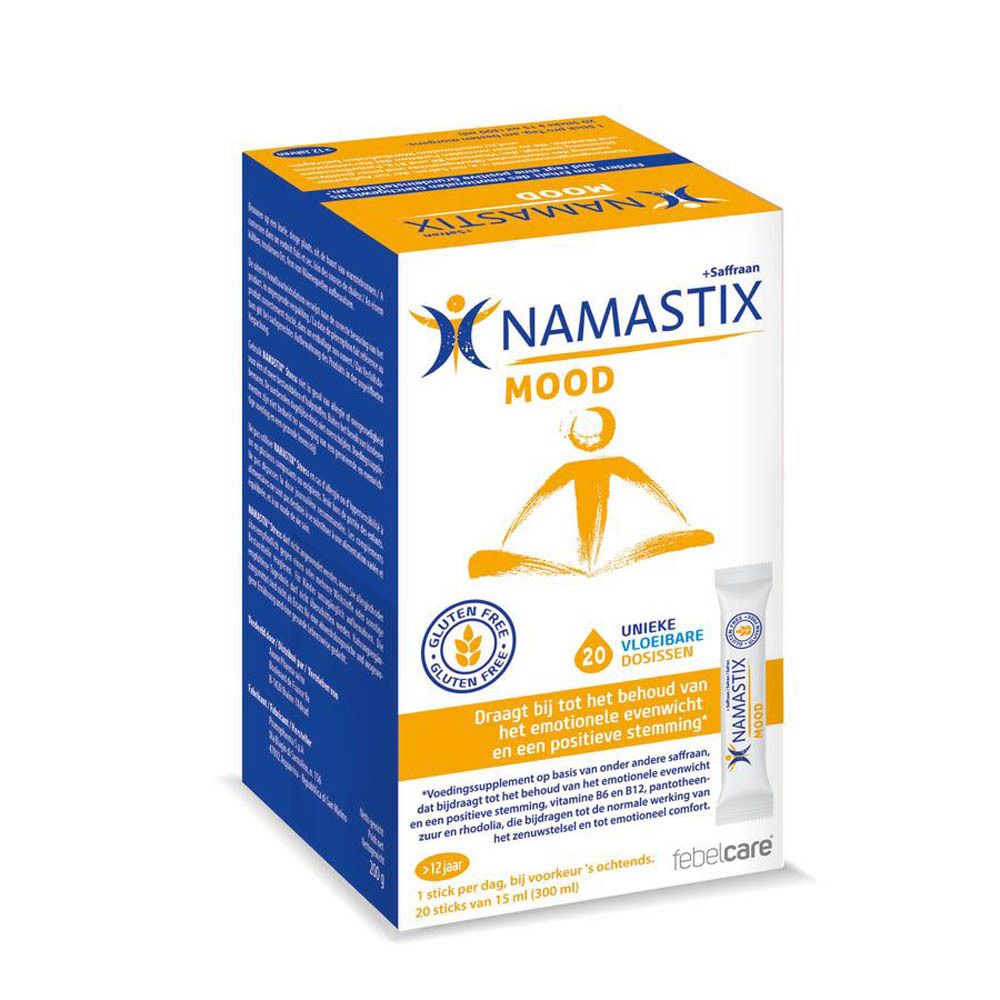 Boîte de Namastix Mood. Contient 20 doses liquides. Label sans gluten. Contient du safran. Inscription : Contribue au maintien de l'équilibre émotionnel.