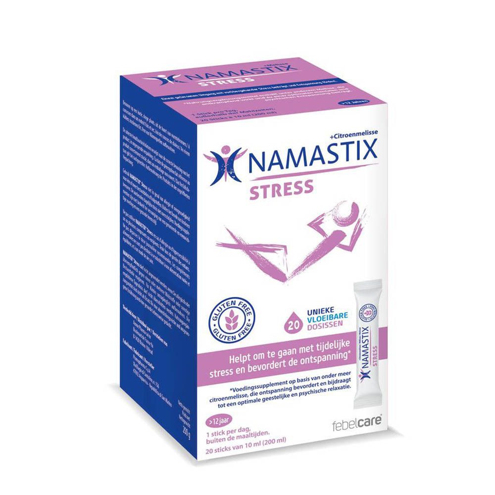 Boîte Namastix Stress. Contient 20 doses liquides. Texte en néerlandais. Label sans gluten.