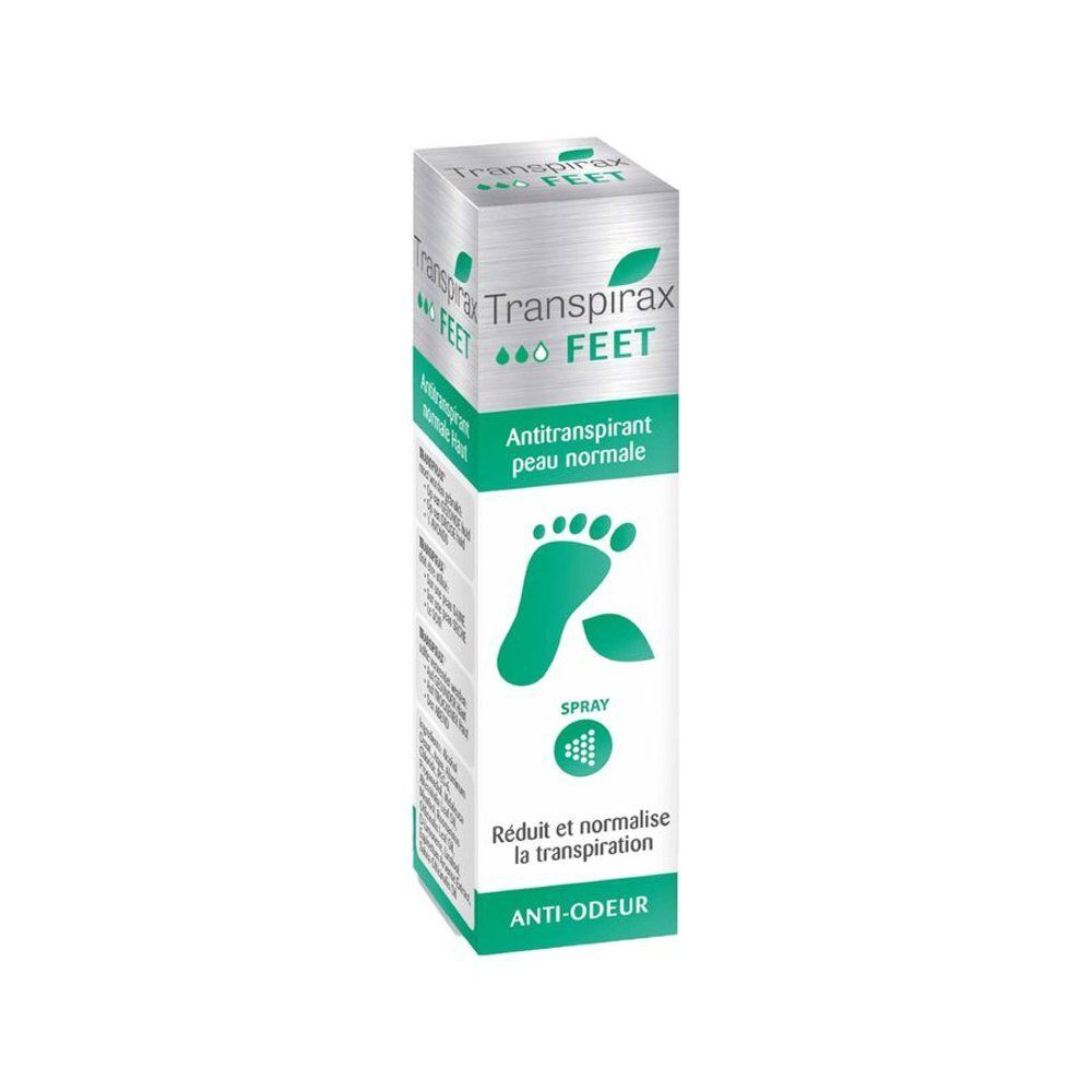 Transpirax Feet Antitranspirant peau normale. Flacon spray avec symbole de pied. Anti-odeur.