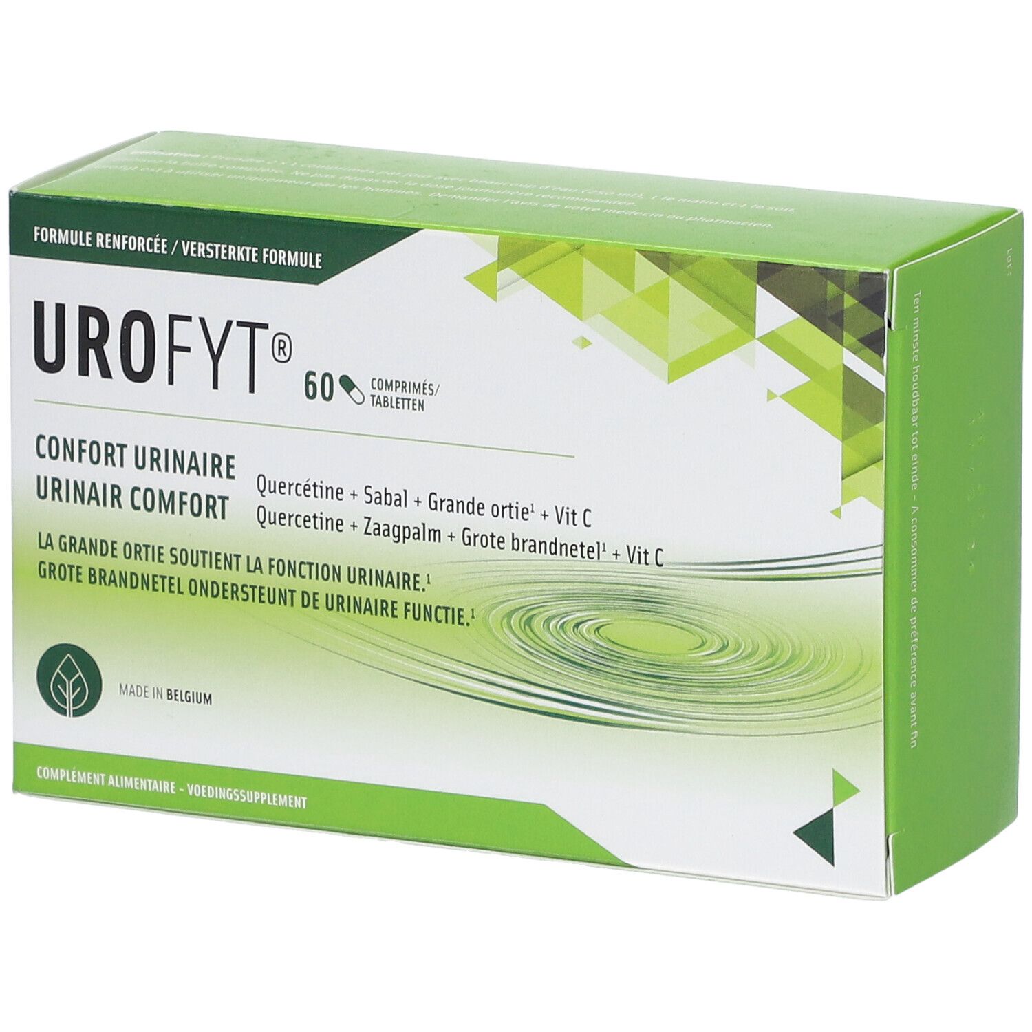 Boîte verte Urofyt® avec logo et texte. Contient 60 comprimés. Inscription: Confort Urinaire, Quercetine, Sabal, Grande ortie, Vit C.