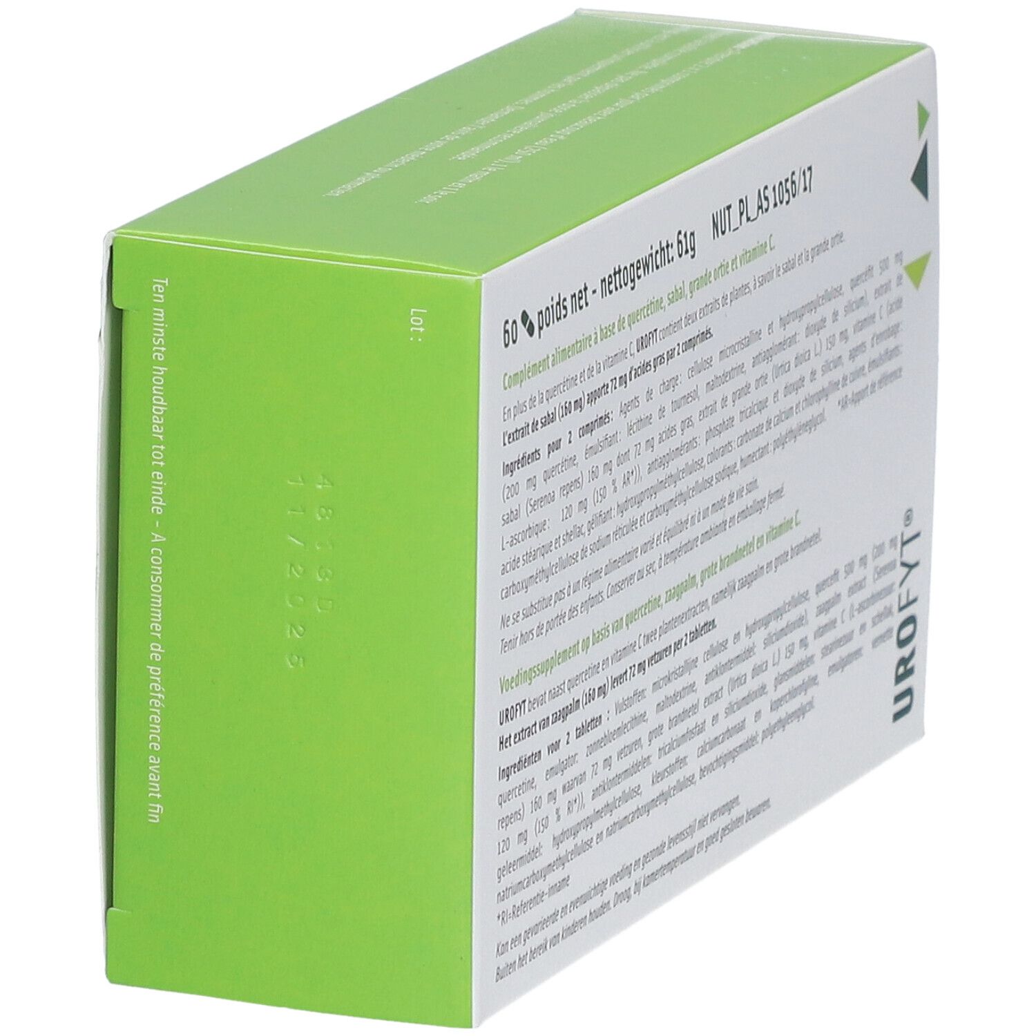 Boîte verte avec texte. Inscription: 60 poids net - nettogewicht 61g. Contient des informations sur les ingrédients et les valeurs nutritionnelles.