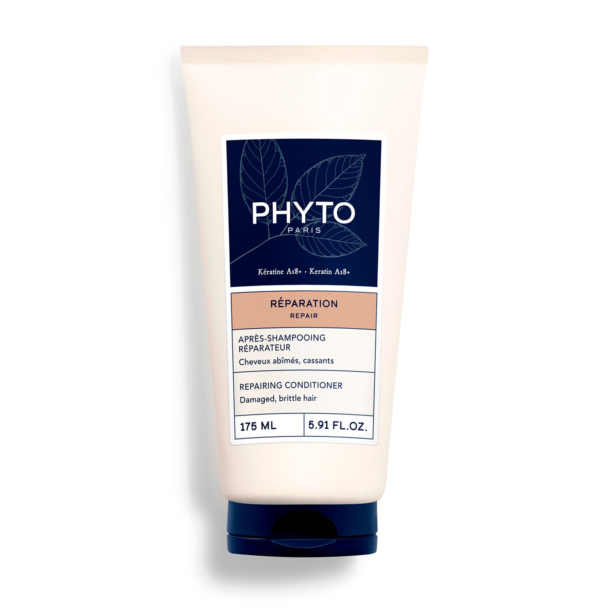 Tube crème, bouchon bleu. Inscription: PHYTO PARIS, Réparation, Repairing Conditioner. 175 ml, 5.91 FL.OZ.