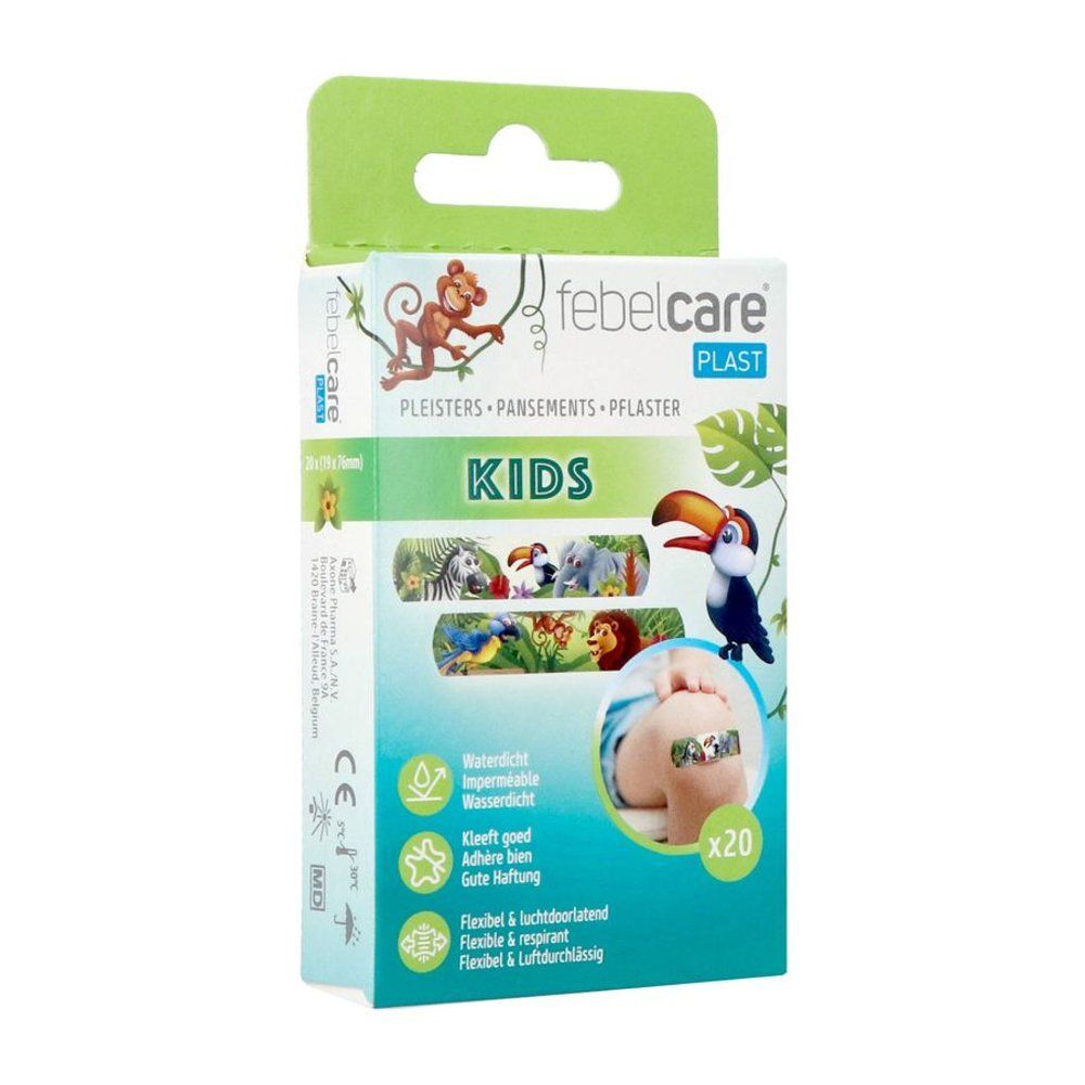 Boîte de pansements pour enfants Febelcare Plast KIDS. Illustrations d'animaux et d'un toucan. 20 pansements.