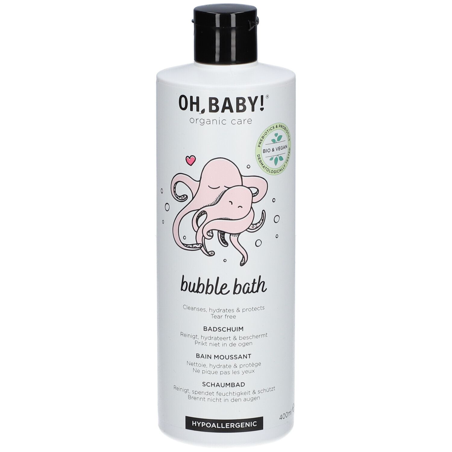 Flacon blanc avec bouchon noir. Inscription: OH, BABY! bubble bath, illustrations, logos.