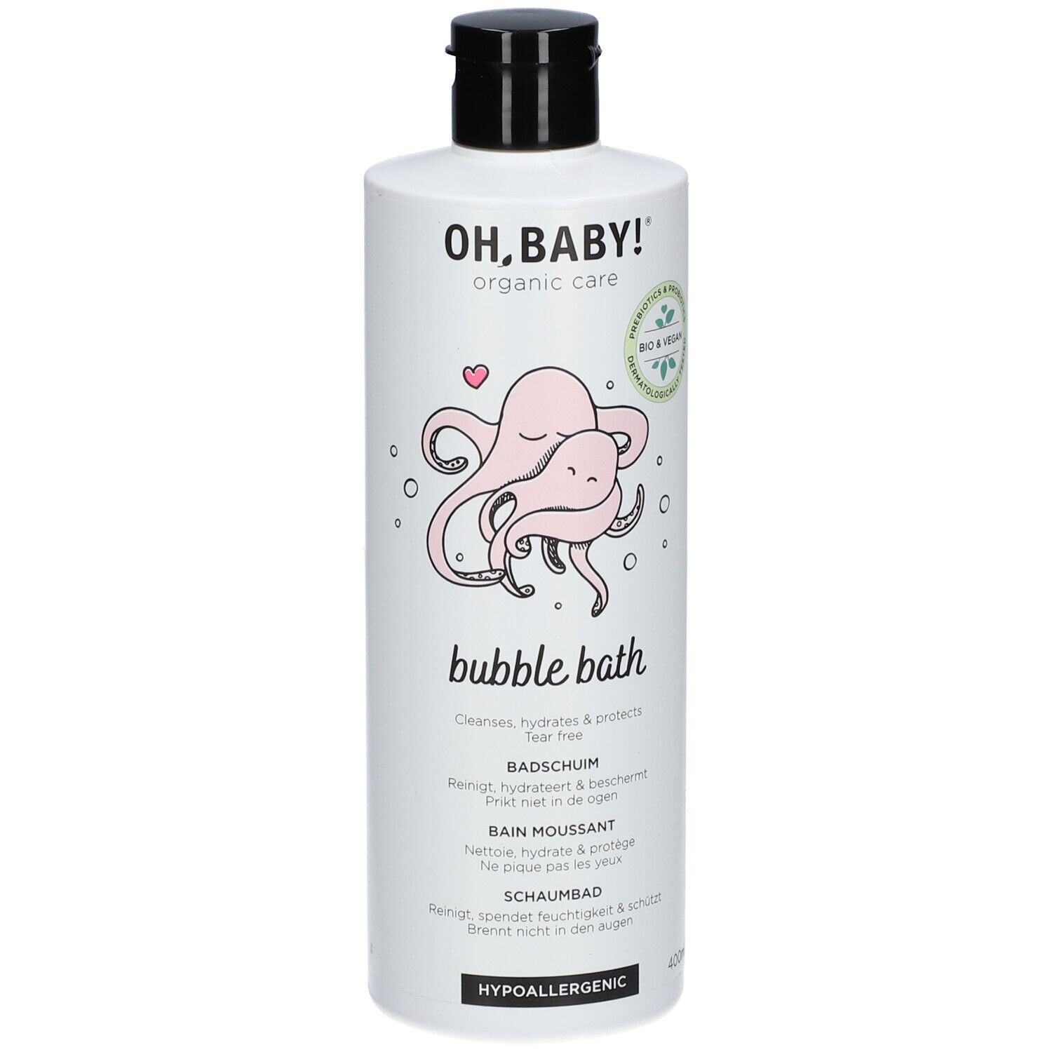 Flacon blanc avec bouchon noir. Inscription: OH, BABY! bubble bath, illustrations, logos.
