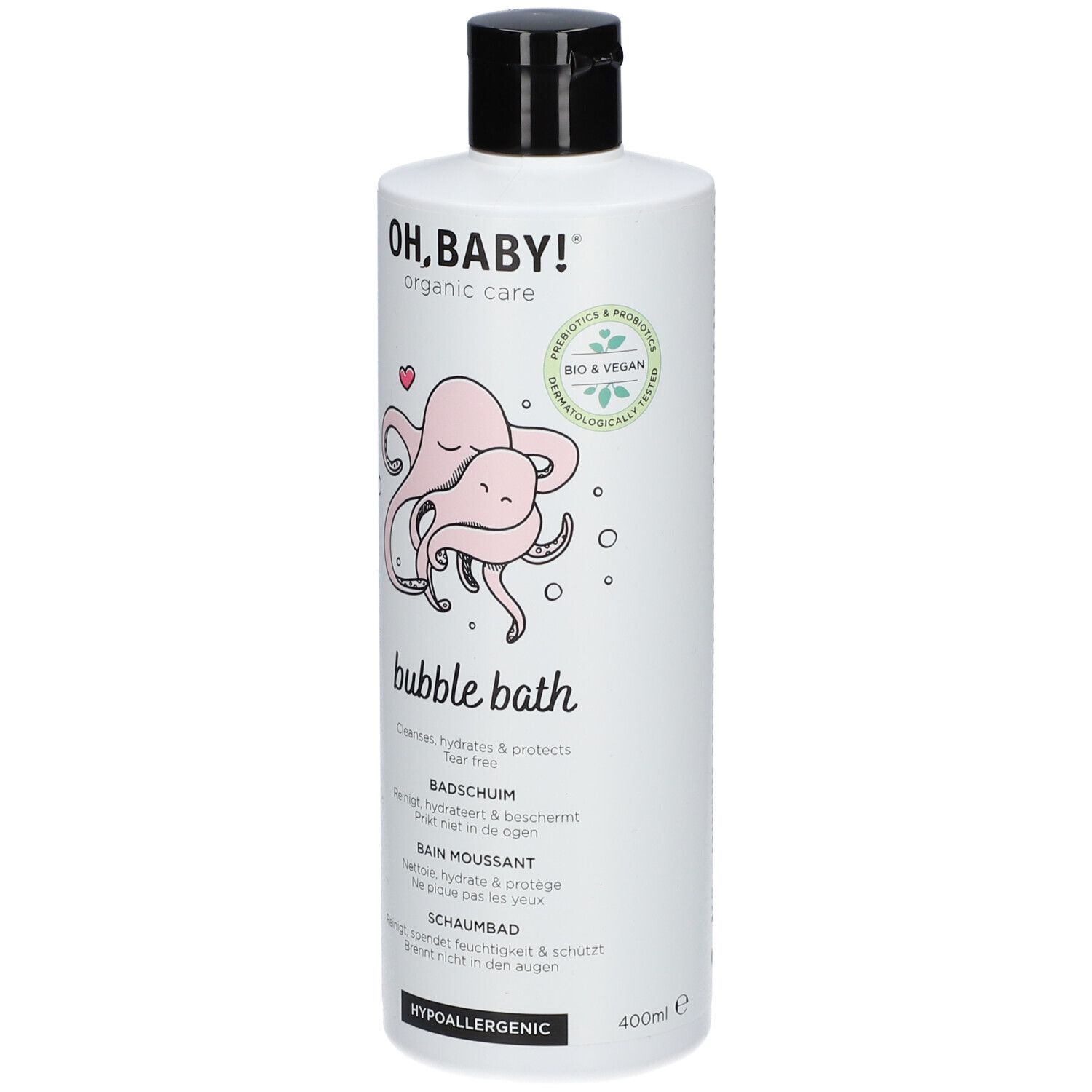 Flacon blanc avec bouchon noir. Inscription: OH, BABY! bubble bath, illustrations, logos.