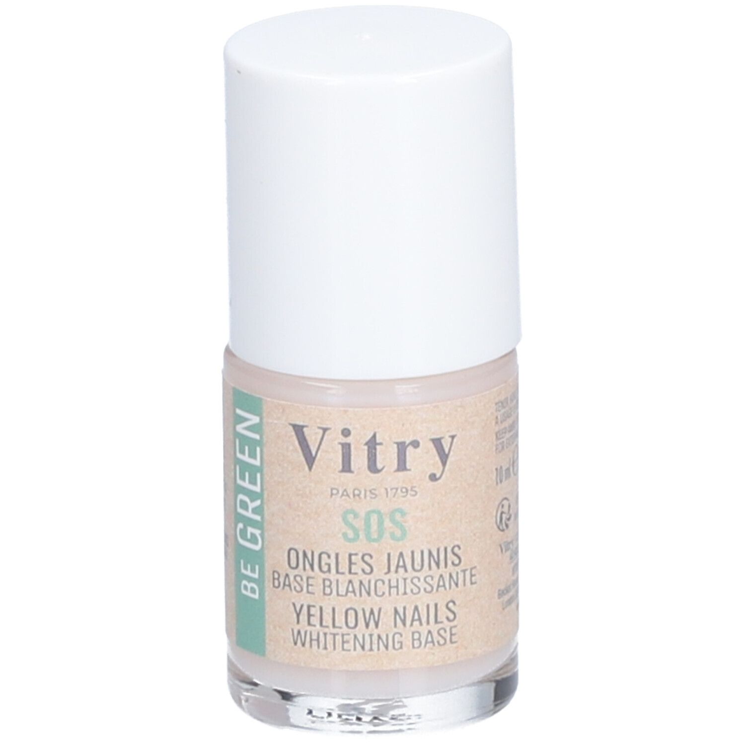 Flacon Vitry SOS Ongles Jaunis, bouchon blanc. Inscription: Ongles Jaunis, Base Blanchissante, Yellow Nails Whitening Base.