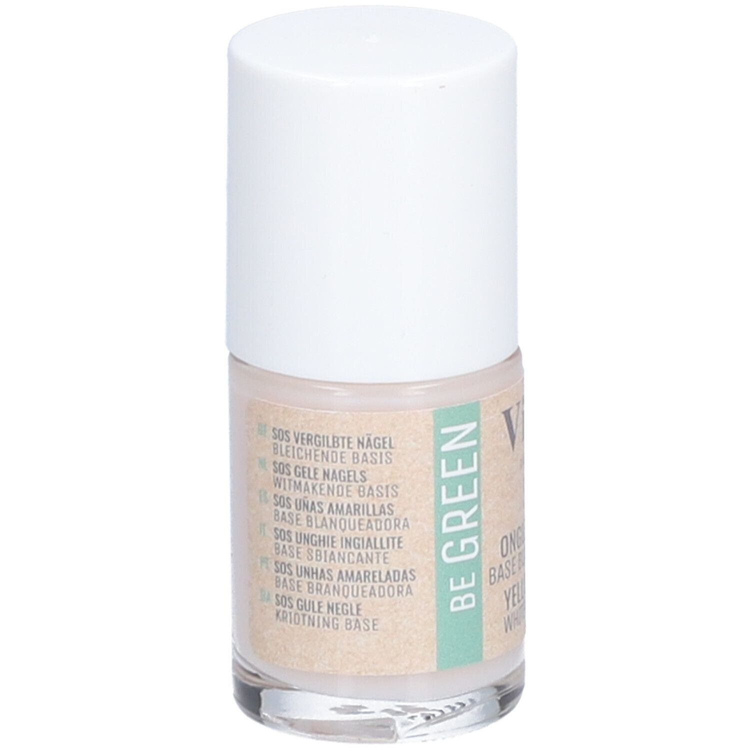 Flacon Vitry SOS Ongles Jaunis. Inscriptions multilingues: SOS Vergilbte Nägel, SOS Gele Nagels, etc. Logo Be Green.