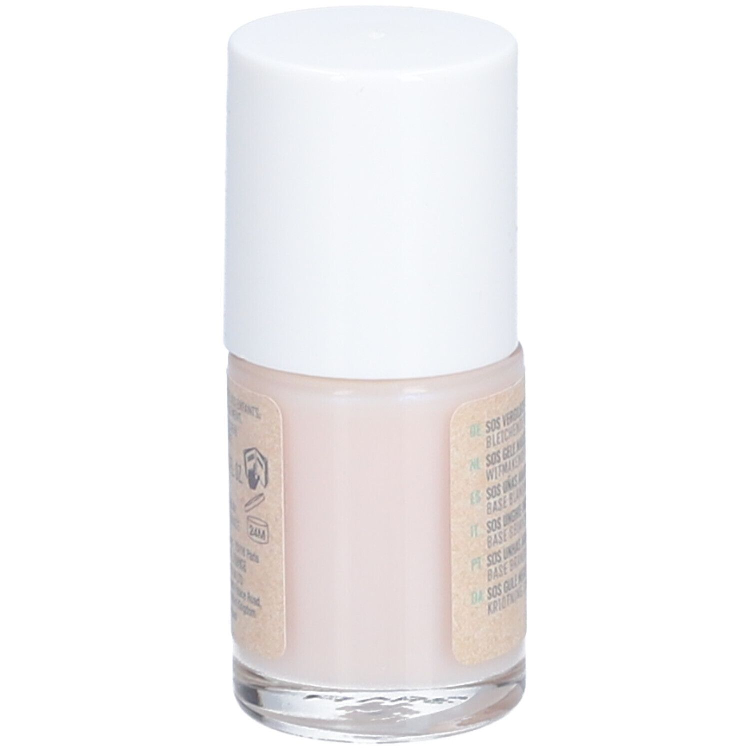 Flacon Vitry SOS Ongles Jaunis. Informations au dos. Inscription: 10 ml, 24M. Logo Be Green.
