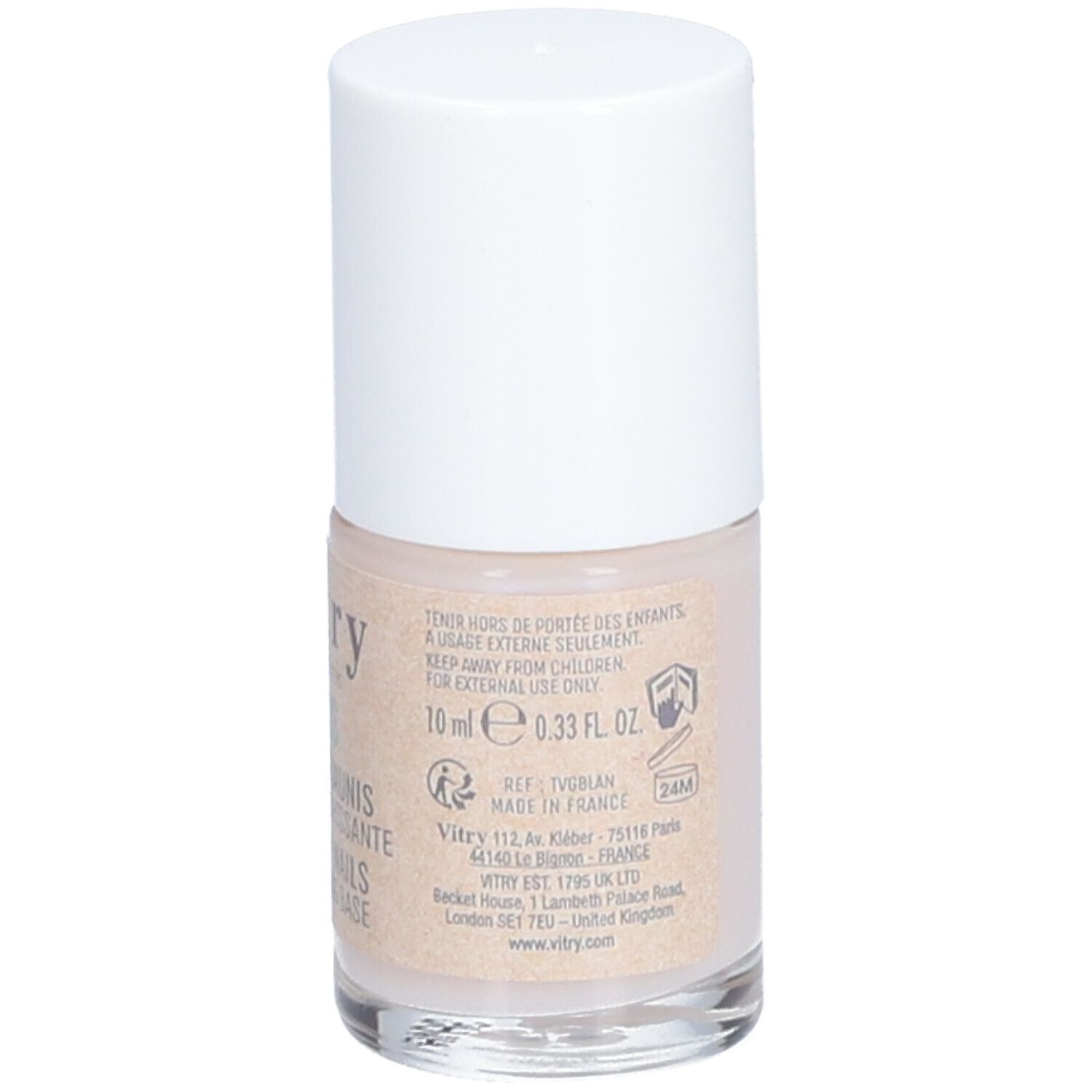 Flacon Vitry SOS Ongles Jaunis. Informations au dos. Inscription: 10 ml, 0.33 fl. oz. Made in France. 24M.
