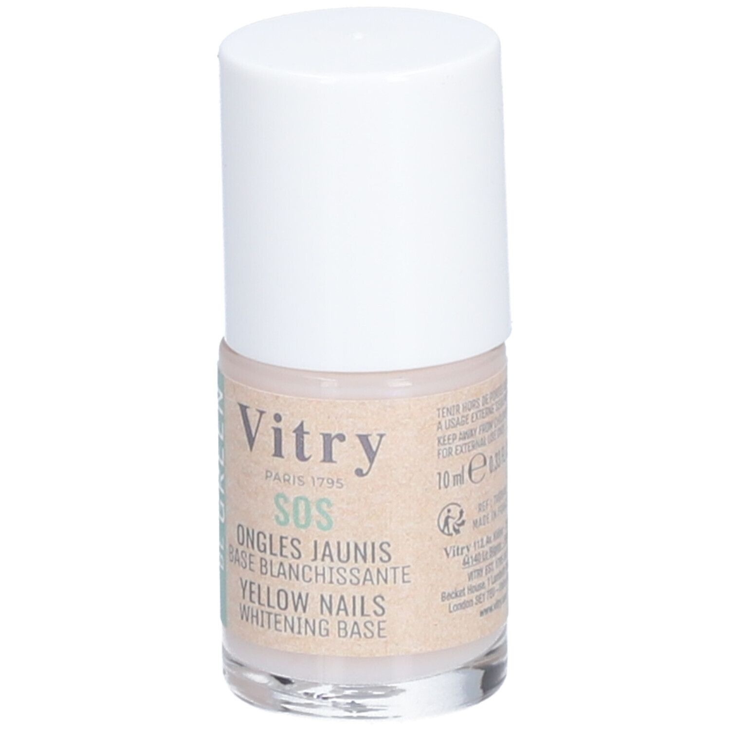 Flacon Vitry SOS Ongles Jaunis, bouchon blanc. Inscription: Ongles Jaunis, Base Blanchissante, Yellow Nails Whitening Base. 10 ml.