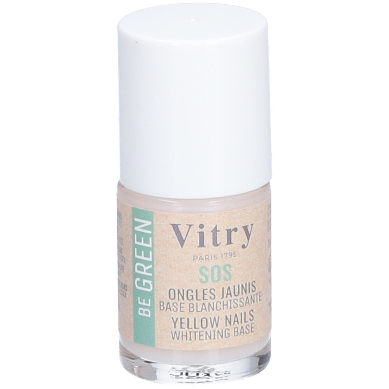 Flacon Vitry SOS Ongles Jaunis, bouchon blanc. Inscription: Ongles Jaunis, Base Blanchissante, Yellow Nails Whitening Base. Logo Be Green.