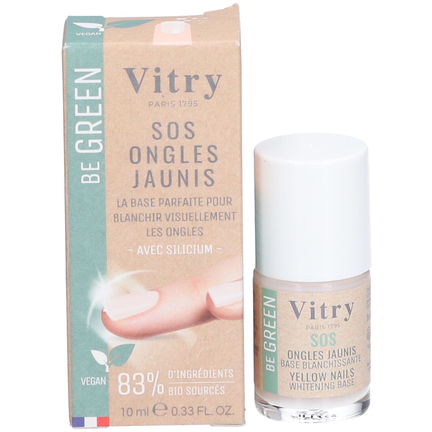 Flacon et emballage Vitry SOS Ongles Jaunis. Inscription: Ongles Jaunis, Base Blanchissante, Yellow Nails Whitening Base. Logo Be Green.