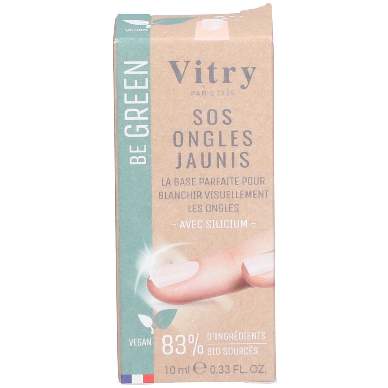 Emballage Vitry SOS Ongles Jaunis. Inscription: Ongles Jaunis, Base Blanchissante, Yellow Nails Whitening Base. Logo Be Green. 83% Bio.