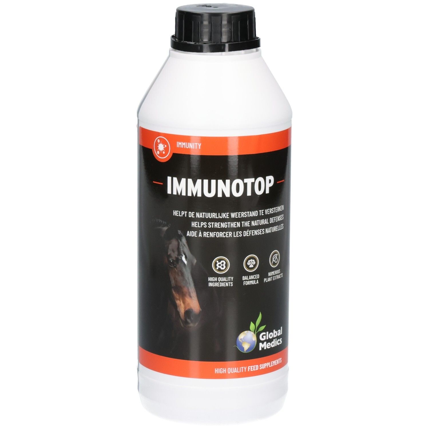 Bouteille blanche avec bouchon noir, étiquette avec 'IMMUNOTOP' et image de cheval.