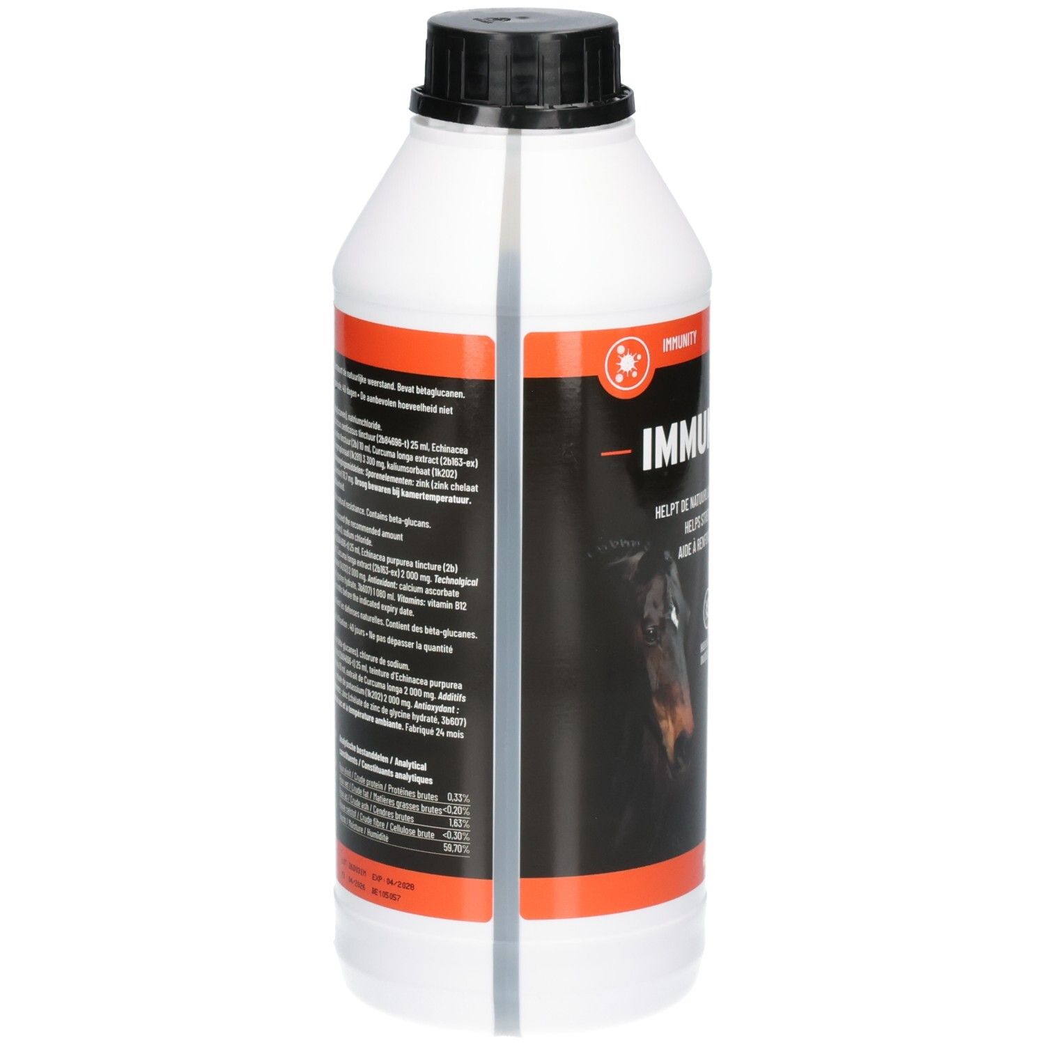Arrière d'une bouteille blanche avec informations détaillées sur le produit et les ingrédients.