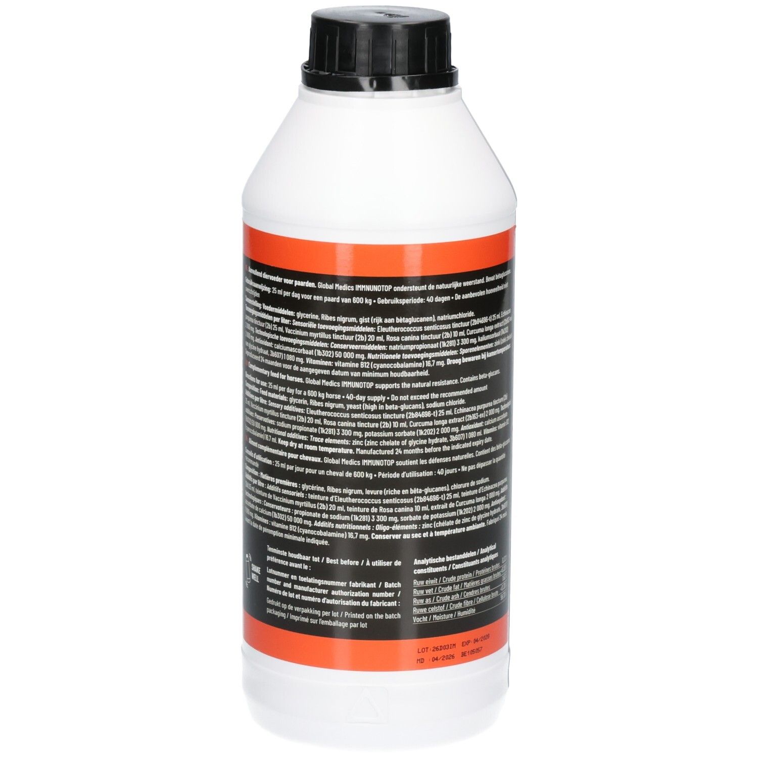 Arrière d'une bouteille blanche avec instructions d'utilisation détaillées et ingrédients.