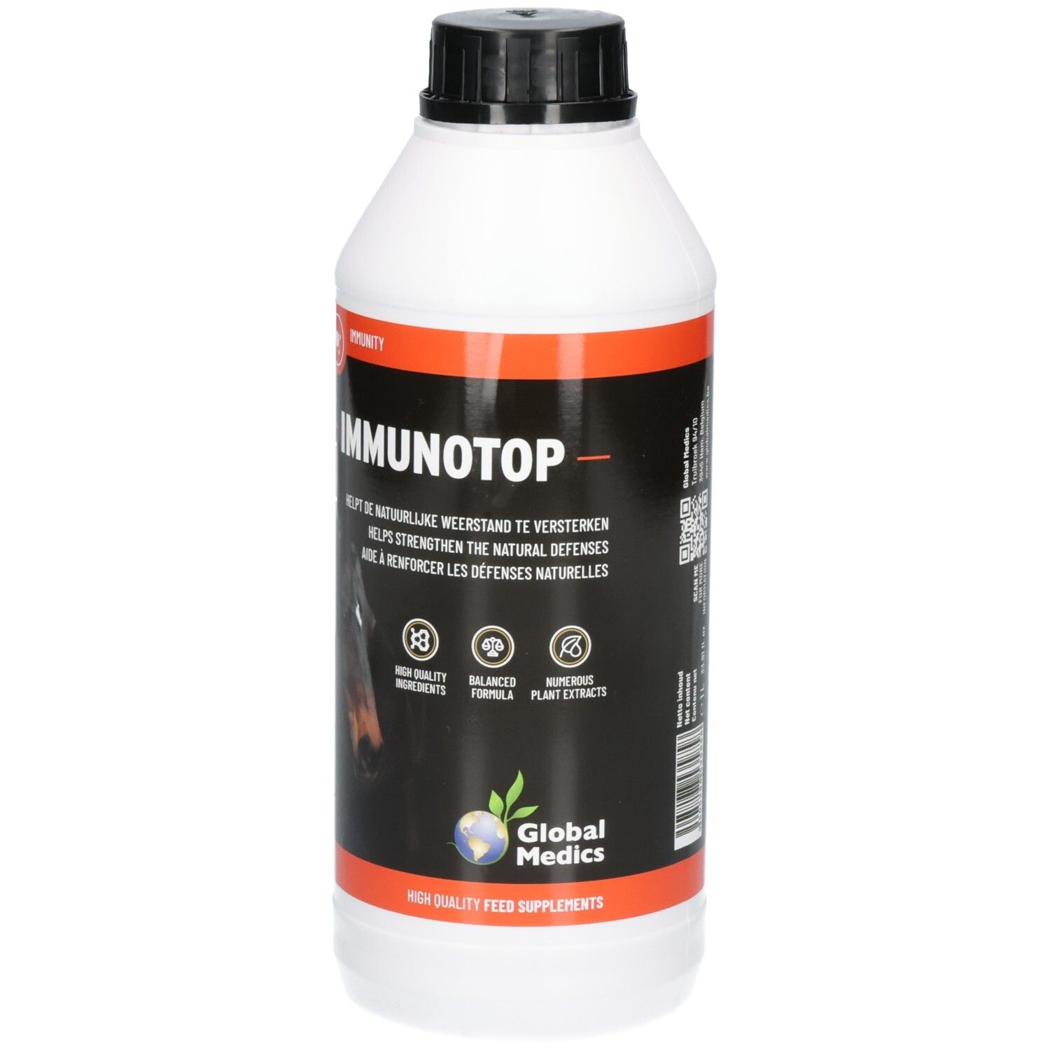 Bouteille blanche avec bouchon noir, étiquette avec 'IMMUNOTOP', image de cheval et sceaux de qualité.