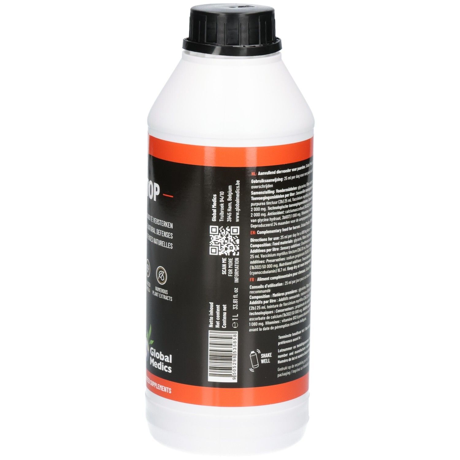 Vue latérale d'une bouteille blanche avec étiquette, code QR et code-barres.