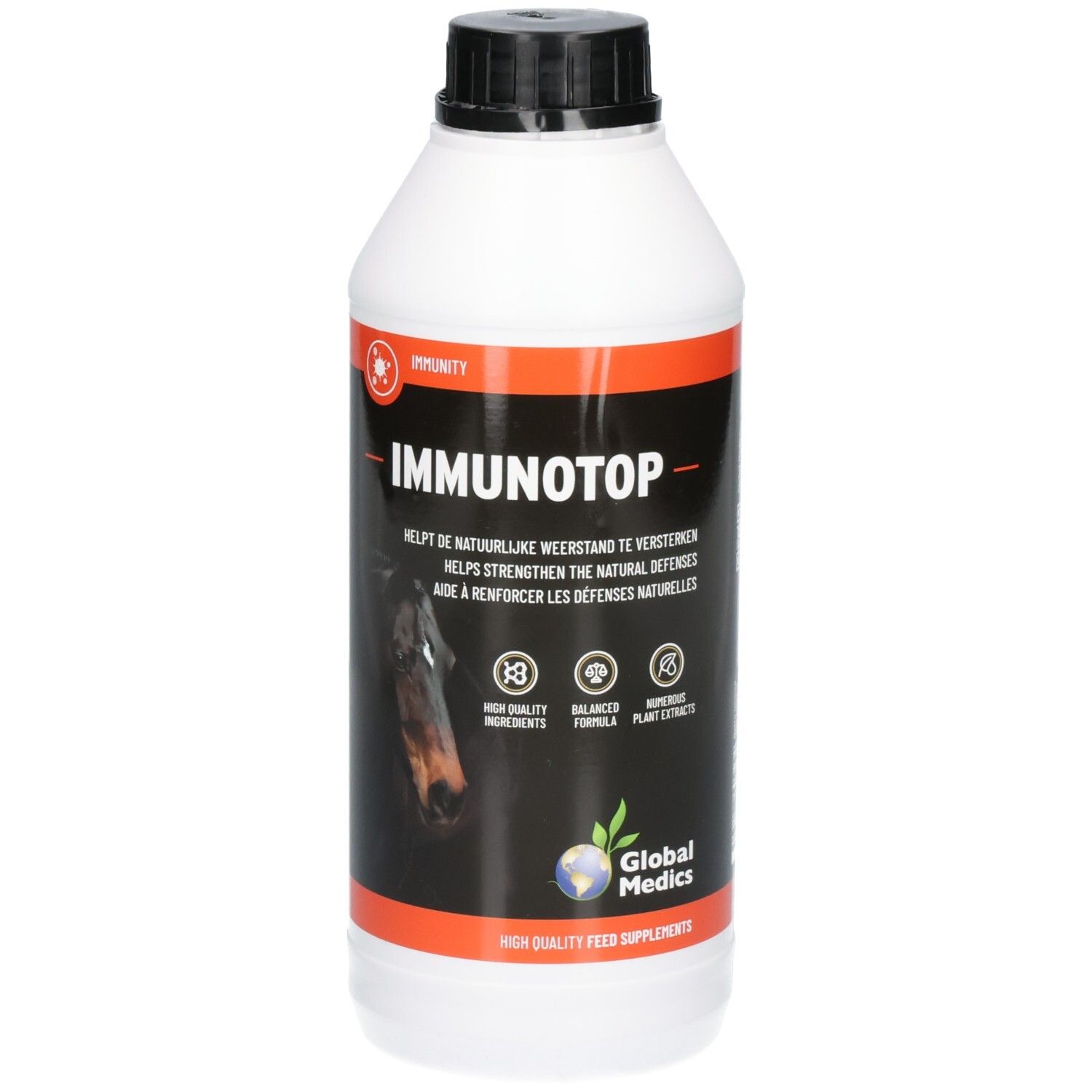 Bouteille blanche avec bouchon noir, étiquette avec 'IMMUNOTOP', image de cheval et logo Global Medics.