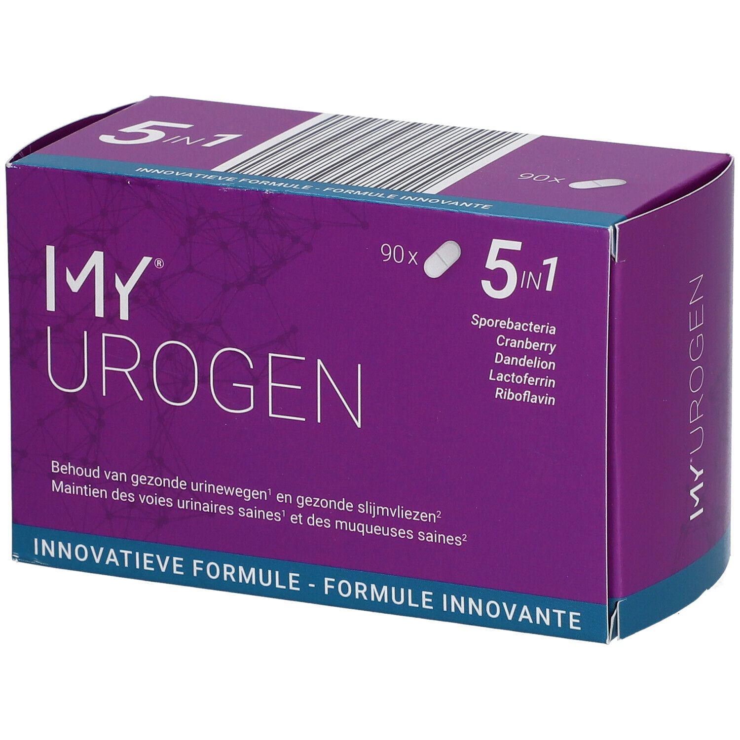 Boîte violette "MY UROGEN", formule 5 en 1, 90 gélules. Contient bactéries, canneberge, pissenlit, lactoferrine, riboflavine.