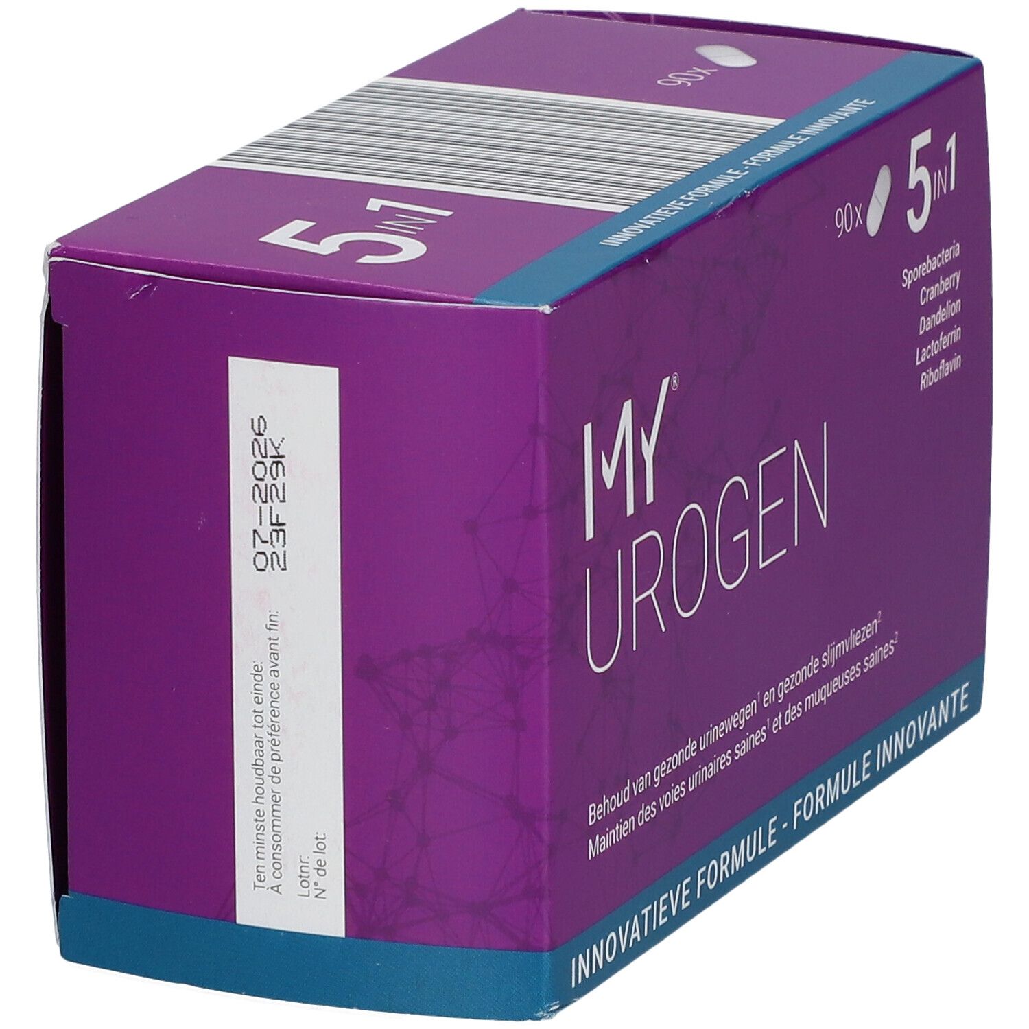 Boîte violette "MY UROGEN" avec formule 5 en 1. Contient 90 gélules. Impression avec date de péremption et numéro de lot.