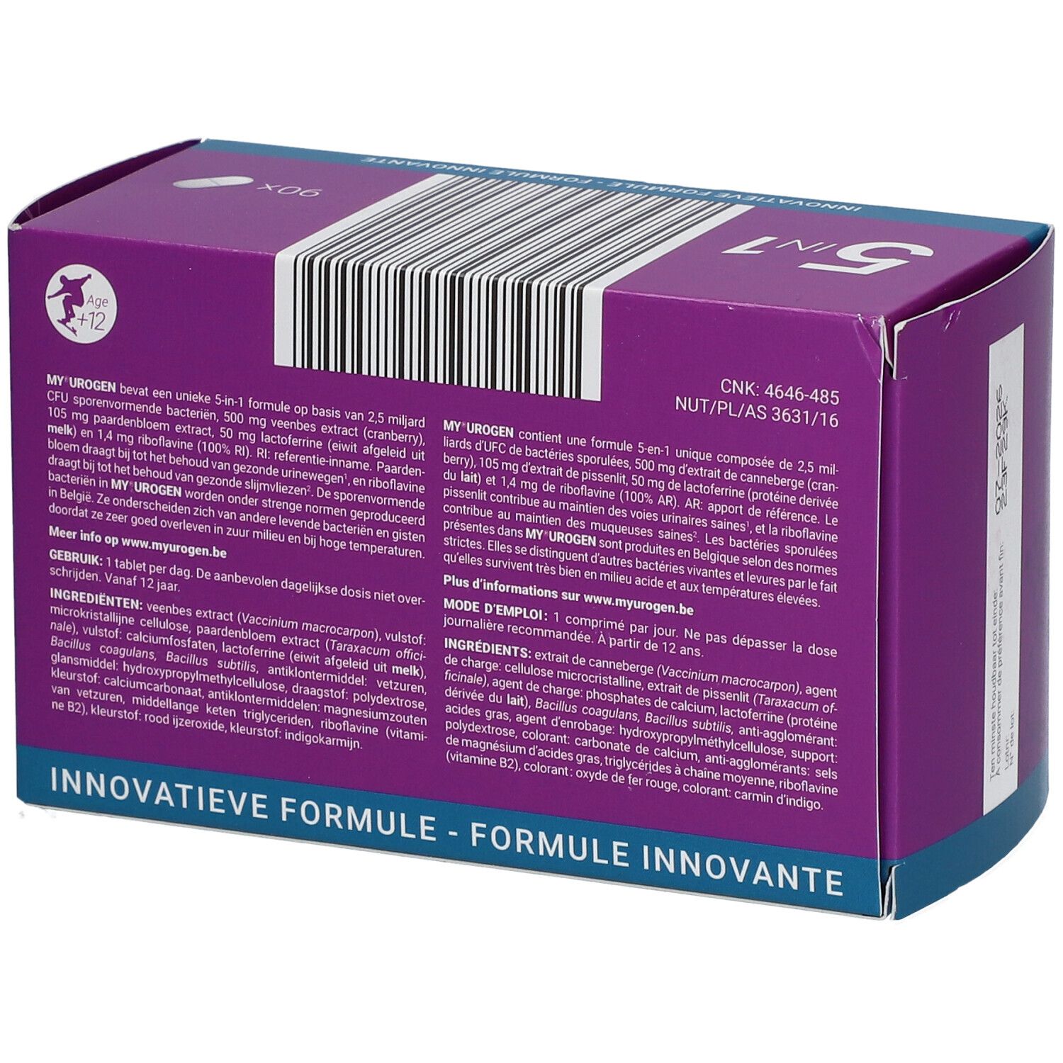 Dos de la boîte violette "MY UROGEN". Texte avec ingrédients, instructions d'utilisation et informations nutritionnelles.