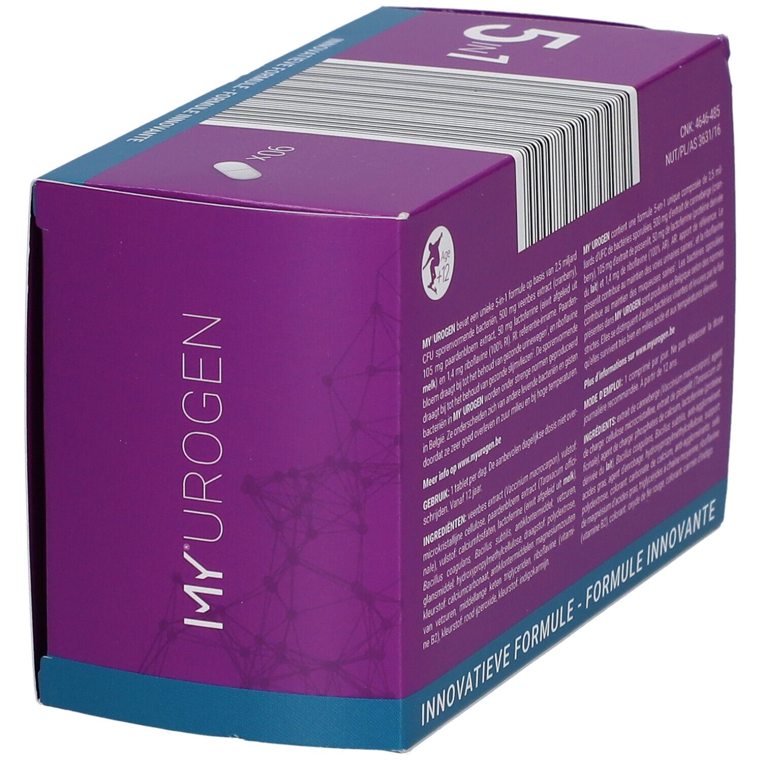Boîte "MY UROGEN" avec formule 5 en 1. Texte avec ingrédients, instructions d'utilisation et informations nutritionnelles.