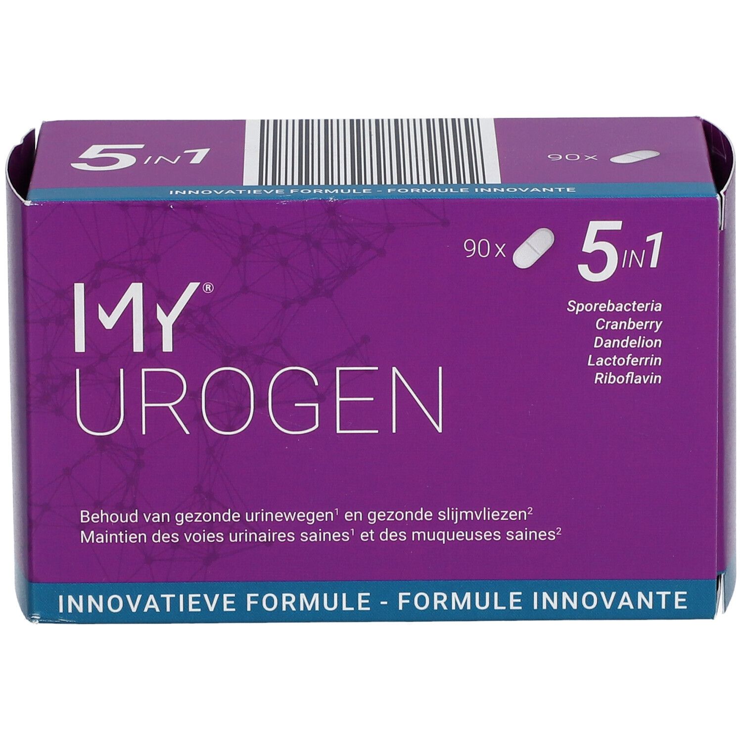 Boîte violette "MY UROGEN", formule 5 en 1, 90 gélules. Contient bactéries, canneberge, pissenlit, lactoferrine, riboflavine.