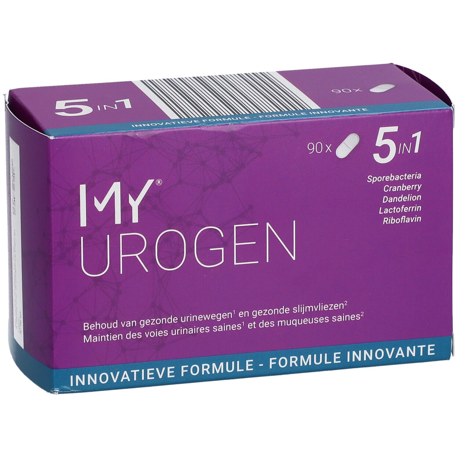 Boîte violette "MY UROGEN", formule 5 en 1, 90 gélules. Contient bactéries, canneberge, pissenlit, lactoferrine, riboflavine.