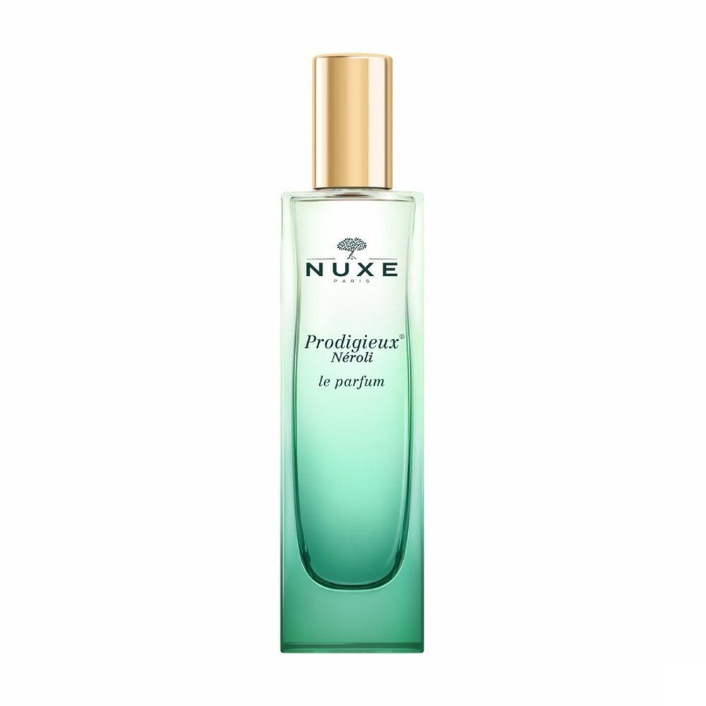 Flacon Nuxe Prodigieux Neroli Eau de Parfum, 50ml, avec bouchon doré et dégradé vert.