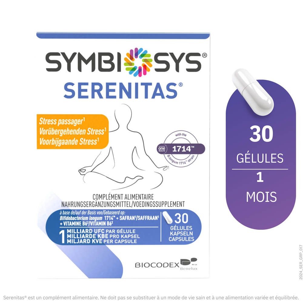 Boîte et gélule Symbiosys Serenitas. Inscription : Stress passager. 30 gélules. Complément alimentaire.