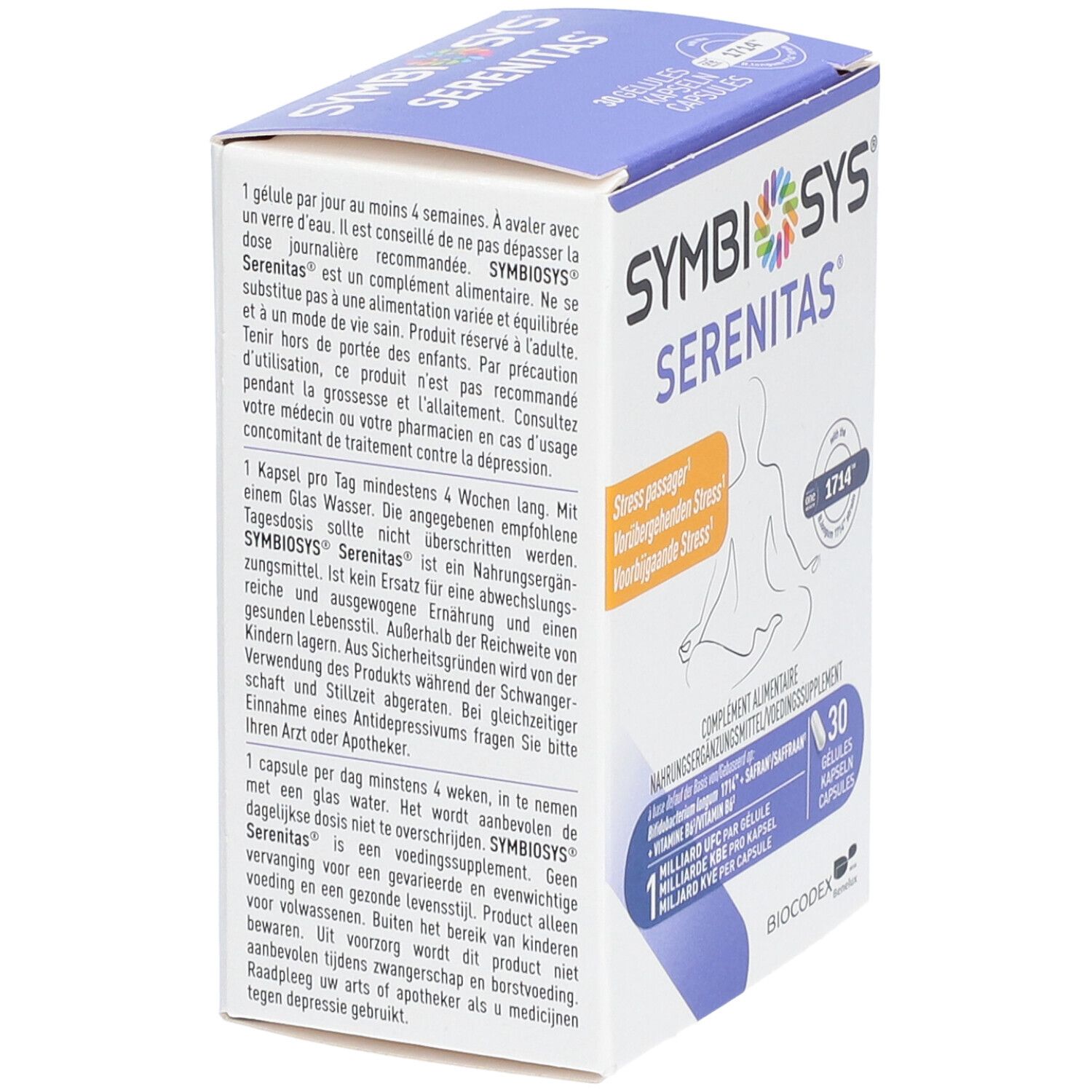 Dos de la boîte Symbiosys Serenitas. Texte sur les ingrédients et l'utilisation. 30 gélules.