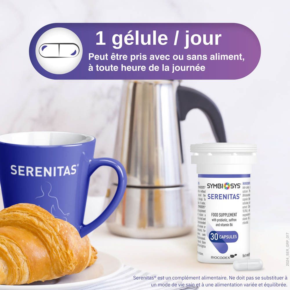 Tasse, croissant, gélule et produit Symbiosys Serenitas. Inscription : Serenitas. 1 gélule/jour.