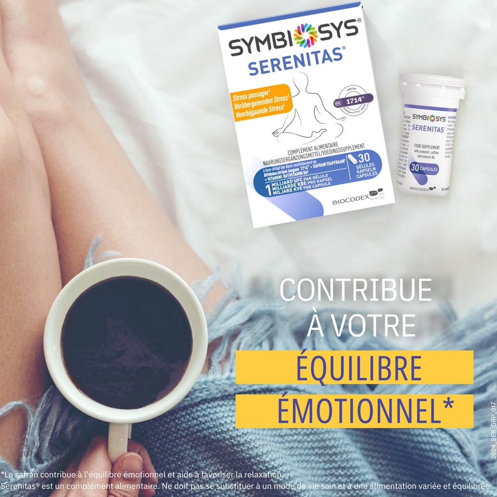 Produit Symbiosys Serenitas, tasse et couverture. Inscription : Contribue à votre équilibre émotionnel.
