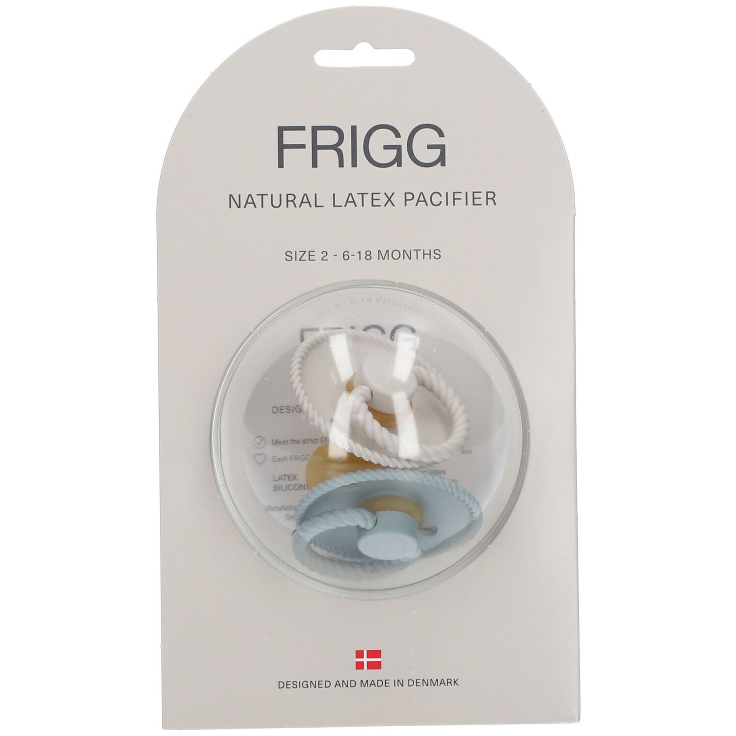 FRIGG sucette en latex bleu clair avec design corde, taille 2, emballage blister. Texte: Natural Latex Pacifier, 2-6-18 mois.