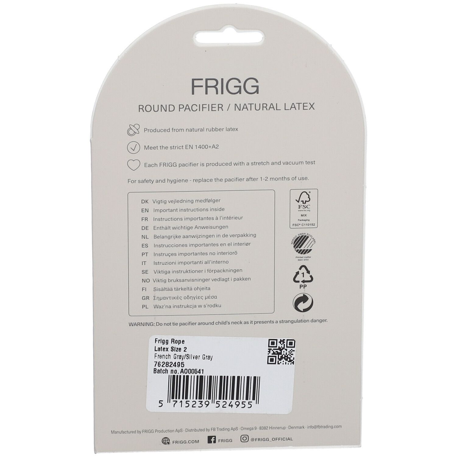 Dos de l'emballage de la sucette FRIGG en latex. Texte: Round Pacifier/Natural Latex. Informations de sécurité et d'hygiène. Code QR et numéro de lot.