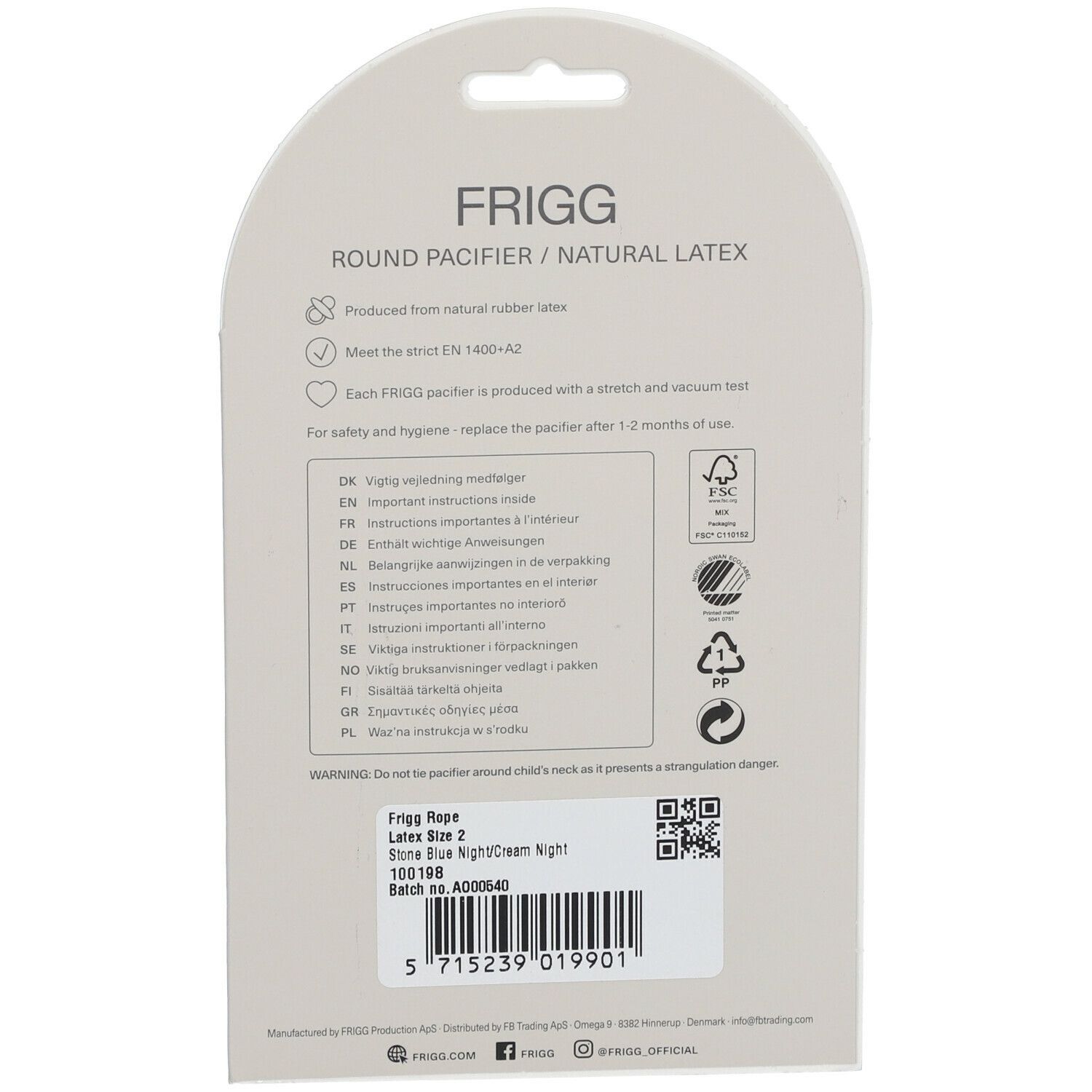 Dos de l'emballage. FRIGG Rope Latex, taille 2. Texte, symboles, code QR. Fabriqué en latex naturel. Label FSC.